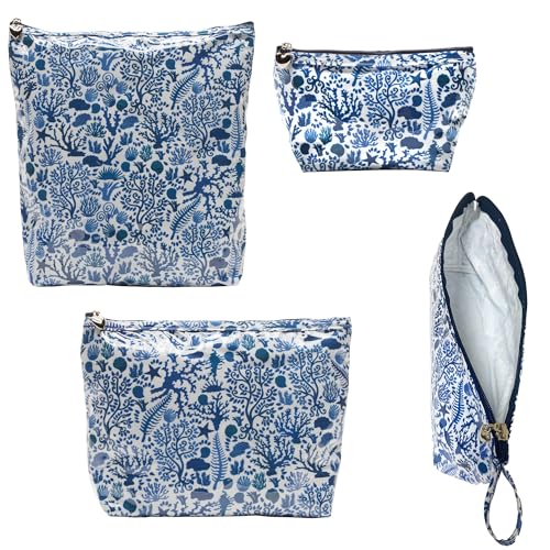 Small Cosmetic Bag - Water-Resistant, PVC-Lined, Compact & Travel Ready Make Up Bag, Easy to Clean - Blue Seashells - color: Blue Seashells, size: Small Cosmetic Bag