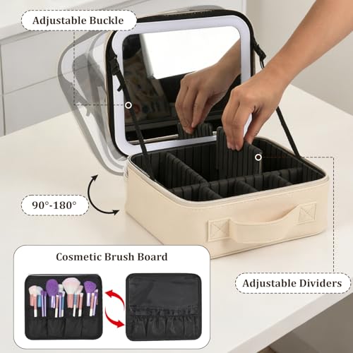 Travel Makeup Bag with Mirror & 8 Adjustable EVA Dividers, Beige - color: Beige-8 Dividers