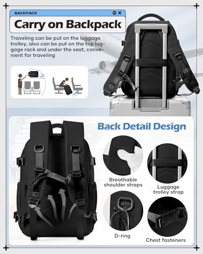 winspansy Travel Backpack for Women Men Essentials Carry on Luggage Flight Approved Personal Item Bag Work Backpack - color: Black