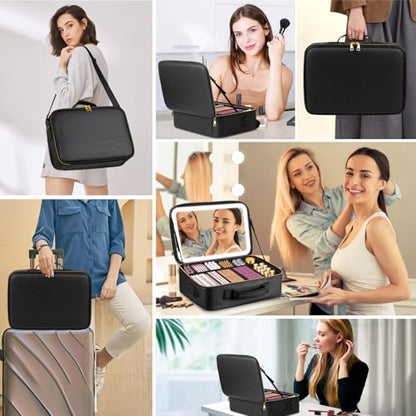 15“×11“Professional Makeup Train Case,Large Waterproof Travel Makeup bag with Mirror and Light, Leather Black Make up Bag with Mirror and Light,Led Makeup Case with Adjustable Dividers - color: Black, style: Non-removable