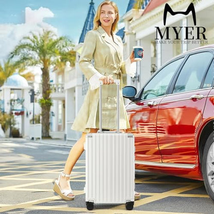 MYER Hard Case 24 Inch Checked Luggage with Spinner Wheels,Aluminum Luggage with 100% 3-Layer PC,Hard Shell Suitcases with Wheels,Cup Holder and USB Port - color: Milky White, size: 24 inch
