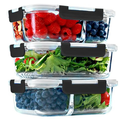 Glass Meal Prep Containers 1 & 2 & 3 Compartments, Airtight, 35 oz, 3 Pack - color: Black (1,2,3 compartment - 3 pack, 35oz)