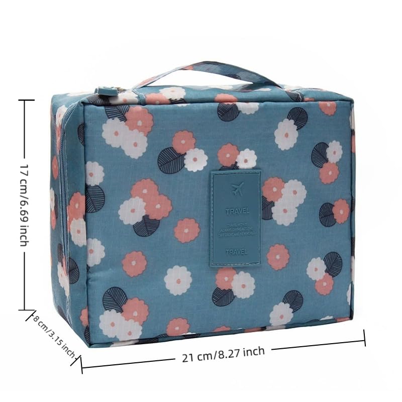 1-Pcs Square Cosmetic Bag, Floral Print, Top-Handle Makeup Pouch, Blue