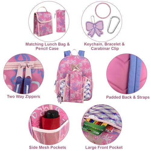 Trail maker 16.5 Inch Girls School Backpack 6 in 1 Set with Lunch Bag, Pencil Case, Keychain, Bracelet, Carabiner Clip Attached (Bows & Sequins) for Travel, Commute - color: Bows & Sequins
