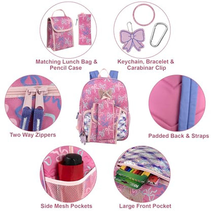 Trail maker 16.5 Inch Girls School Backpack 6 in 1 Set with Lunch Bag, Pencil Case, Keychain, Bracelet, Carabiner Clip Attached (Bows & Sequins) for Travel, Commute - color: Bows & Sequins