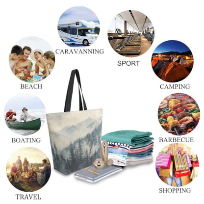 Stylish Foggy Mountains Trees Black White Large Canvas Long Handle Tote Bag - style: Multi-mountain