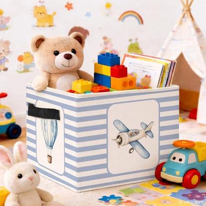 Airplane & Hot Air Balloon Storage Basket, Blue Stripe Foldable Toy Bin - color: Airplane & Hot Air Balloon