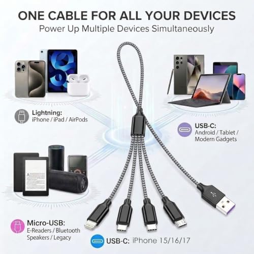4 in 1 Multi Charging Cable 4ft 2 Pack,Braided MFi Certified Charger Cable - color: Black Grey-4ft