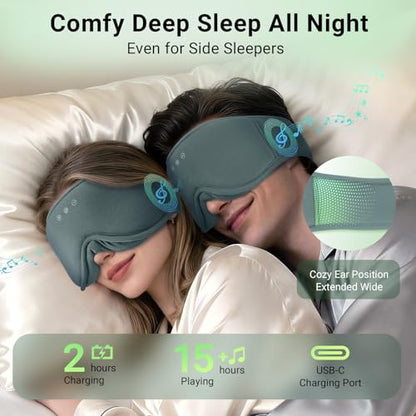 Bamboo Cotton Sleep Mask with Bluetooth Headphones, 100% Blackout, Grey - color: Gray