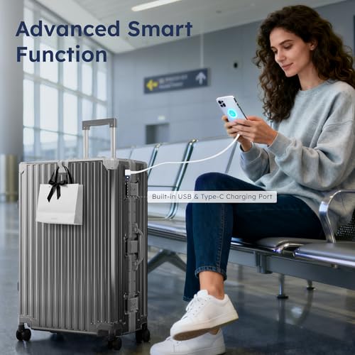 ALPHA CAMP Aluminum Frame Luggage, 24" Medium Checked Zipperless Suitcase - color: Grey, size: 24 Inch