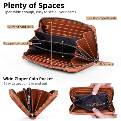 VISOUL Leather Long Zipper Pouch Wallet for Men and Women with RFID Blocking, Large Clutch Cash Long Wallet with Zipper (Orange) - color: Orange