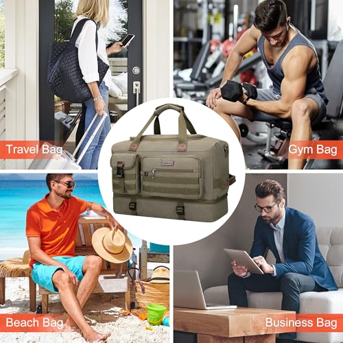 WITZMAN Duffle Bag for Men 60L Travel Canvas Weekender with Toiletry Bag - color: Army Green
