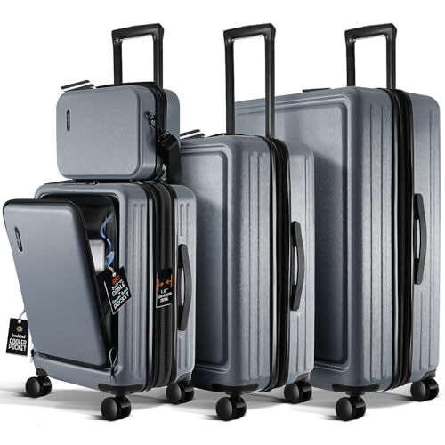 TRAVELARIM 4 Piece Luggage Sets with Spinner Wheels, Travel Suitcase Set - color: Grey, size: 4 Piece Set (20/24/28)