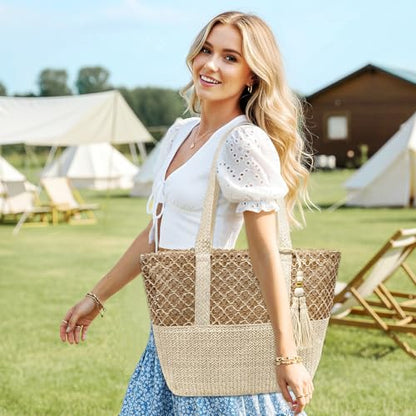 YAMEIZE Straw Woven Beach Shoulder Bags for Women Big Foldable Straw Tote bag Lightweight Raffia Bag with Zipper Summer - color: Beige
