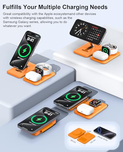 3 in 1 Magnetic Wireless Charger for Apple Multiple Devices, Foldable Fast Charging Station - Magsafe Charger Stand, Travel Charger Pad for iPhone 17 16 15 14 13 12 Series/Apple Watch/AirPods Orange - size: Orange