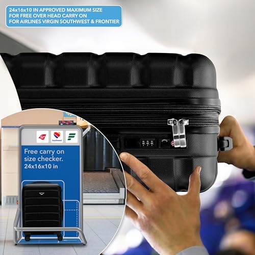 Flight Knight 24x16x10 Expandable Carry On Suitcase Hardside TSA Lock USB C Lightweight Luggage Silent Double Spinner Wheels Maximum Overhead Carry-On Bag For Virgin South West Approved Black - color: Black, size: 24x16x10"