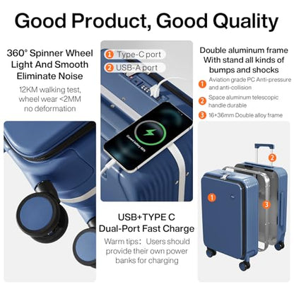 mixi Large Checked Luggage with Cup Phone Holder and Charger Hard Shell Suitcases with Spinner Wheels, 24 Inch Sapphire Blue - color: Sapphire blue, size: 24-inch