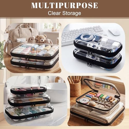 12 Pack Clear Hard Shell Zipper Case with 40 Labels, X-Large/Medium/Small Stackable Clear Pouches, Crush-resistant Travel Toiletry Bag Organizer for Makeup Board Games Electronics (Black) - color: Black