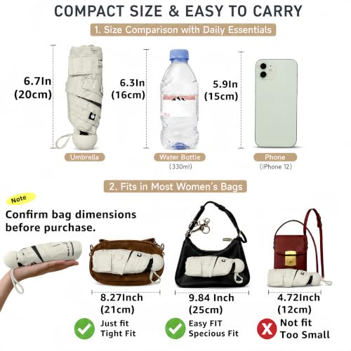 BAODINI Mini Travel Umbrella with UV Sun Protection, Compact Pocket-Size - color: 2 Pack- Beige & Black