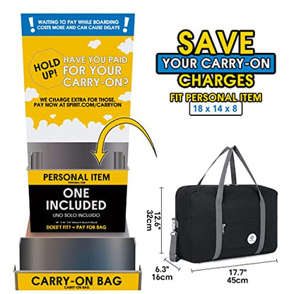 Narwey Personal Item Travel Bag, Carry on Foldable Duffle Bag for Women Men - color: ZB-Black