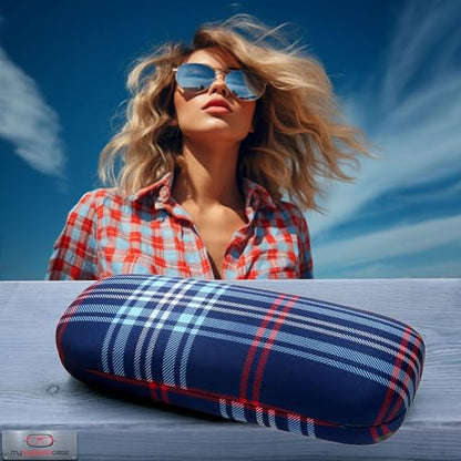 MyEyeglassCase Women's Hard Eyeglass Case | Protective Hard Shell Glasses Case with Pouch and Cloth - color: Plaid Red & Blue