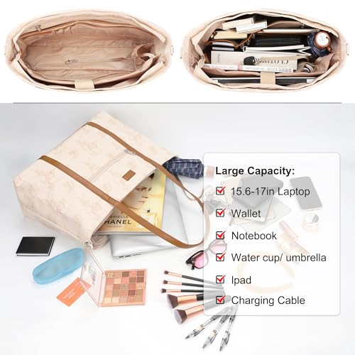 Laptop Tote Bag for Women 17 Inch, Waterproof Computer Bag for College - color: A3-beige/Brown Flower