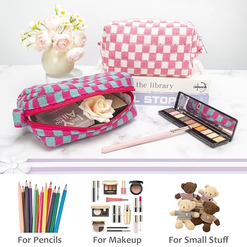 Checkered Makeup Bag for Purse, Small Travel Cosmetic Pouch,Magenta Green - color: Magenta Green