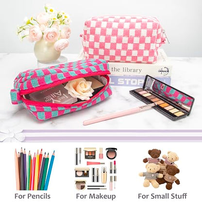 Checkered Makeup Bag for Purse, Small Travel Cosmetic Pouch,Magenta Green - color: Magenta Green
