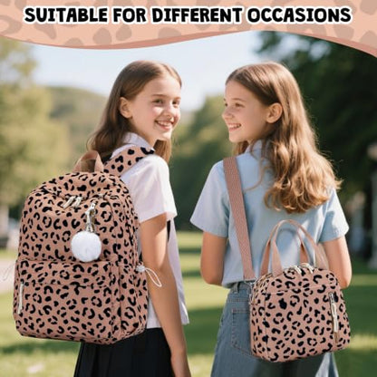 3PCS Corduroy Girls Backpack w/ Lunch Box & Pencil Bag (Brown Leopard) - color: Brown Leopard