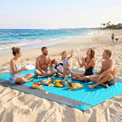 Wolfwise 78" × 108" XXL Beach Blanket, Waterproof & Sandproof Picnic Mat with 4 Sand Pockets & 4 Stakes, Windproof Outdoor Camping Beach Mat, Lightweight, Fits 6 People, Blue - color: Blue, size: 78" x 108"（6 Person)