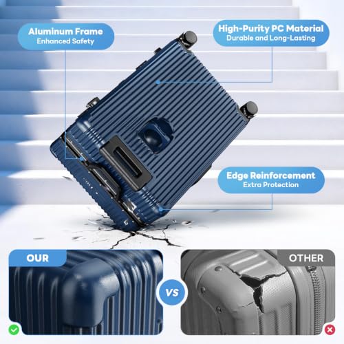 20 Inch Carry on Luggage with Front Pocket, Hard Shell Suitcase with Wheels - color: Blue