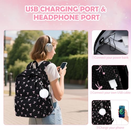 3PCS Corduroy Girls Backpack w/ Lunch Box & Pencil Bag (Black Bow Tie) - color: Black Bow Tie