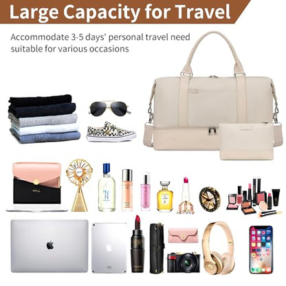 Women's Weekender bag Travel Duffel Bag with Shoe Compartment 21-inch Airline-Approved Carry-On, 2-Piece Overnight Bag Set Personal Item Luggage - color: D-Beige