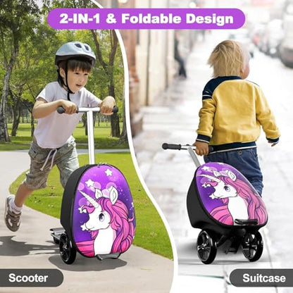 Baotree Scooter Suitcase for Kids, 2 in 1 Ride-on Luggage with Flash PU Wheels, Adjustable Handle & TPR Non-Slip Grip, Foldable & Lightweight, Ages 5-12 - color: Purple