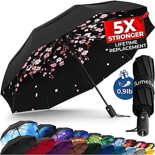 TUMELLA Strongest Windproof Travel Umbrella (Compact, 100MPH Wind-Tested), Light, Portable, One-Handed Use, Automatic Folding Rain Umbrella, Durable, Premium Grip, Fits Car & Backpack - color: 1-pack Cherry Blossom