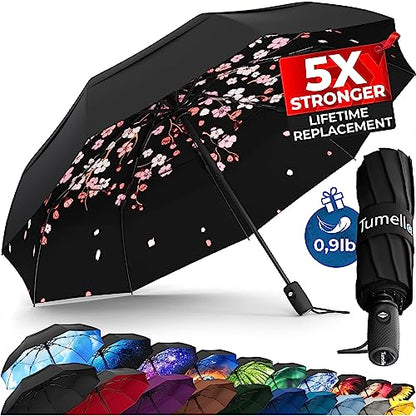 TUMELLA Strongest Windproof Travel Umbrella (Compact, 100MPH Wind-Tested), Light, Portable, One-Handed Use, Automatic Folding Rain Umbrella, Durable, Premium Grip, Fits Car & Backpack - color: 1-pack Cherry Blossom