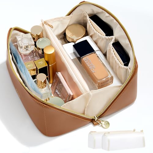 SHOWKOO Cosmetic Bag for Women, WideOpen Travel Makeup Bag with Compartment - color: Brown