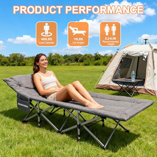 Folding Camping Cot-with Cushion and Pillow,Sleeping Cots for Adults - color: Grey