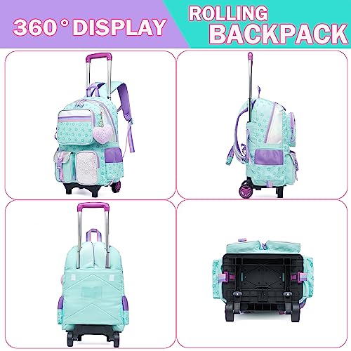 Meetbelify Rolling Backpack with Wheels - Cute Carry On Backpack with Lunch Box Pencil Case for Elementary Student to Teen Girls - 8-10 Years - color: Star Green
