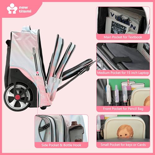 NEW TILAMI 20 Inch Rolling Backpack for School Stair-Climbing Big Wheel - color: Pink Dawn