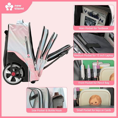 NEW TILAMI 20 Inch Rolling Backpack for School Stair-Climbing Big Wheel - color: Pink Dawn