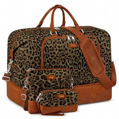 TIBES Travel Weekender Bag for Women, Overnight Bag with Shoe Compartment - color: Z-Olive Leopard