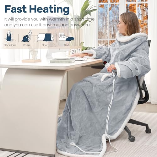 MAXEVE Heated Wearable Blanket with Foot Pocket & Sleeves Electric Snuggle - color: Light Grey, size: Long