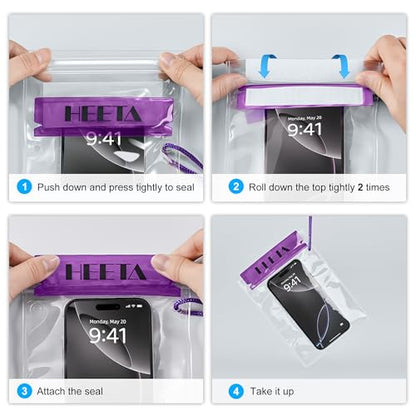 HEETA 5-Pack Clear Waterproof Dry Bag Pouch Document Holder for Phone Maps | Water Tight Case for Camera Document, Screen Touchable for Boating Kayaking Paddle Board Swimming Beach Waterpark Fishing - color: Purple