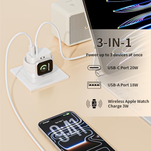 3-in-1 Charging Blocks for Apple Watch,23W Dual Port Compact Charger Block