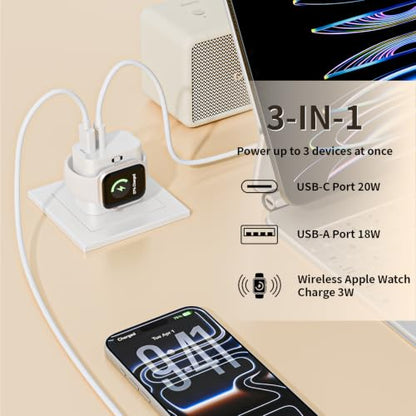 3-in-1 Charging Blocks for Apple Watch,23W Dual Port Compact Charger Block