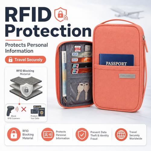Travel Document Organizer with RFID, Family Passport Holder, Wallet for Women & Men, Portable & Waterproof Case for Cards, Boarding Pass, Tickets with Zipper ﻿