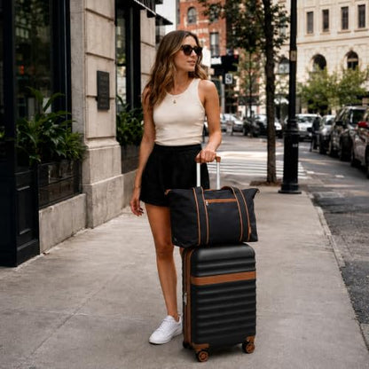 Kono 3-Piece Set 20in Expandable Carry-On Hardshell TSA Lock Black - color: Black/Brown, size: Carry-on travel set (db/tb/20")