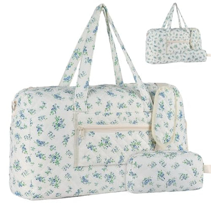 Quilted Floral Duffle Bag for Women Weekender Overnight Travel Bag - color: Cyan Print