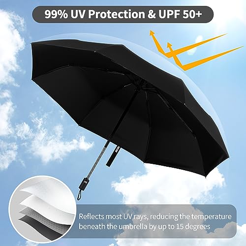 Yoobure Windproof Automatic Travel Umbrella, Compact Folding UV Sun & Rain | One-touch auto open close, windproof frame withstands storms, UV protection fabric, lightweight for backpack car daily use - color: Black
